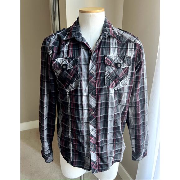 Affliction black & red plaid button down shirt size XL - Picture 2 of 6